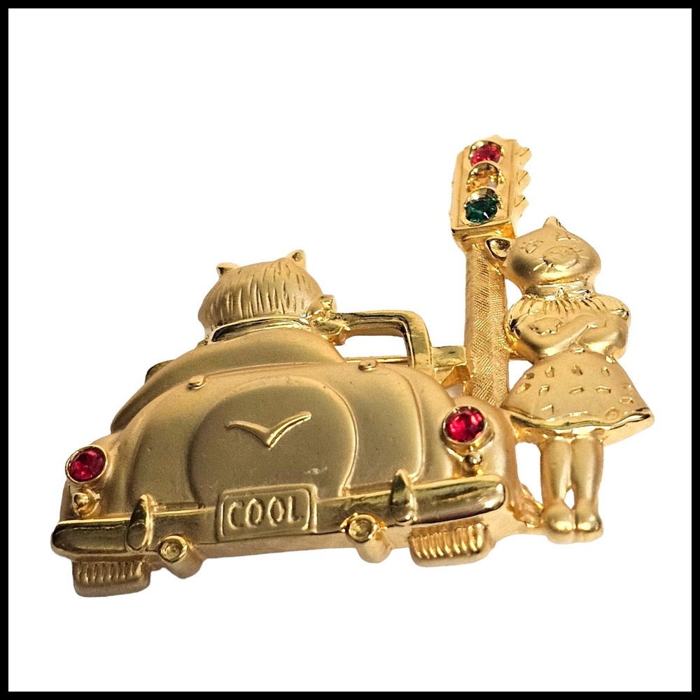 Vintage JJ Jonette‎ Cats Car  Traffic Lights Gold Tone Brooch Pin Rhinestone